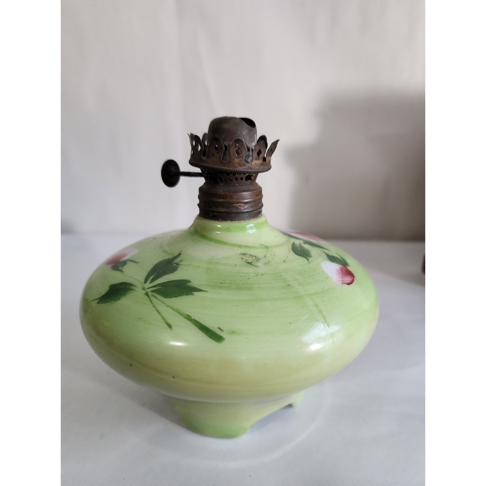 Vintage Miniature Green Milk Glass Oil Lamp Hand Painted Floral Rosebud Base